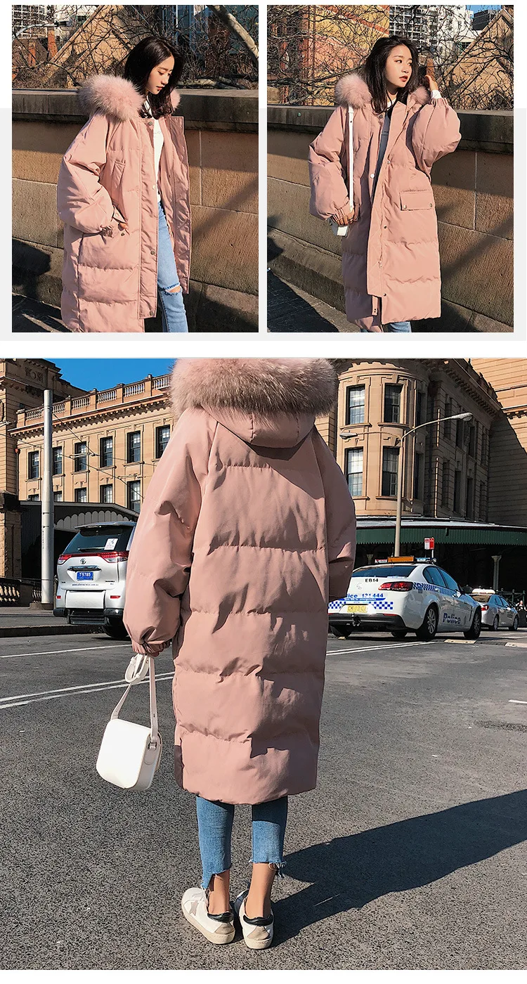 Photo Shoot Main Push CHIC Sweet Flesh Color over-the-Knee Long Hooded Large Fur Collar Best Friend down Coat Cotton Overcoat Wo