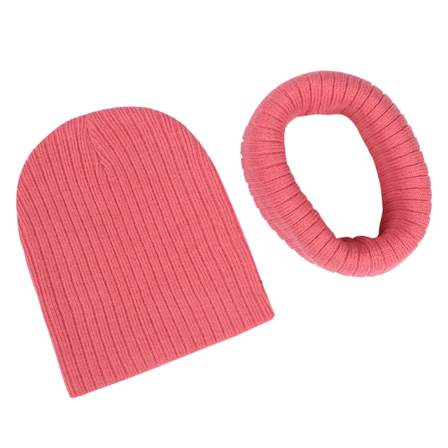 Winter Kids Boy Girl Solid Color Knitted Cap And Scarf Set Crochet Baby Beanie Hat Children's Accessories Bonnet rose
