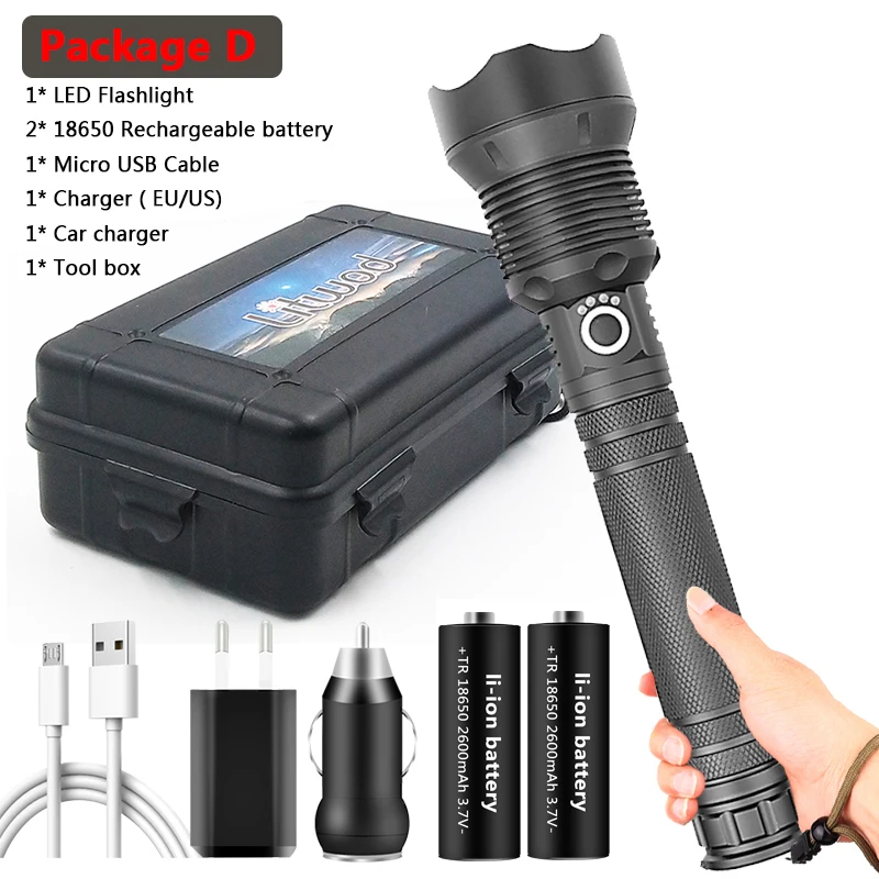 1000,000LM XHP160 The most Brightest Led Flashlight Zoomable Usb Chargeable Torch Light 18650 26650 Battery Lantern for Camping waterproof flashlights Flashlights