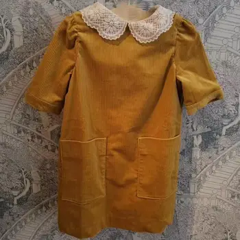 

Autumn Yellow Solid Baby Girls Lace petr pan Collar princess Dress Party Boutique Yellow Corduroy Dress