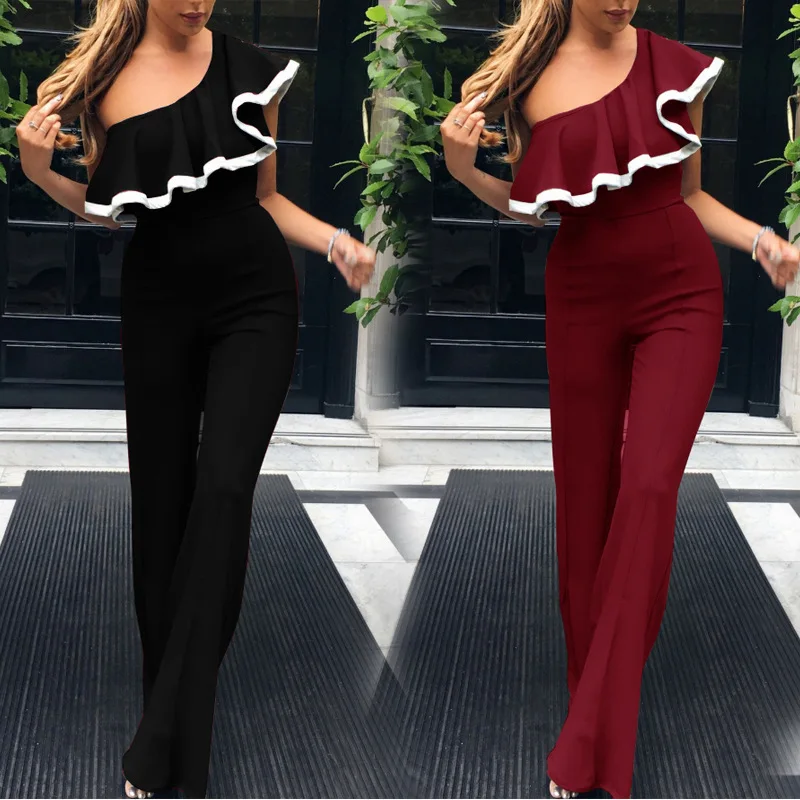 

Linglewei New Spring and Summer Women's Suit sexy one shoulder Ruffle side sleeve Jumpsuit pants