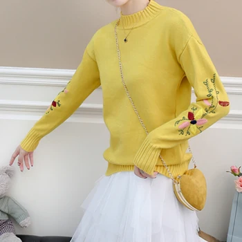 

Sweater Women 2020 Autumn And Winter Students Loose Embroidery Short Paragraph Head Half High Collar Bottoming Pullovers MG002