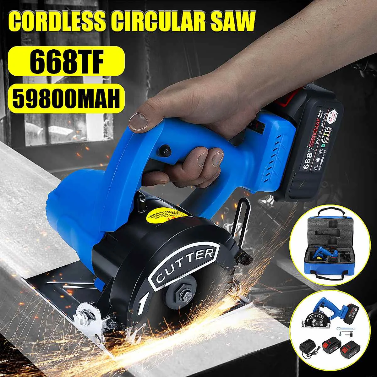 

668TF 59800mah Circular Electric Saw 2 PCS Saw Blades 165mm Blade for Wood Circular Saw Woodworking Tools Wood +2pcs Battery