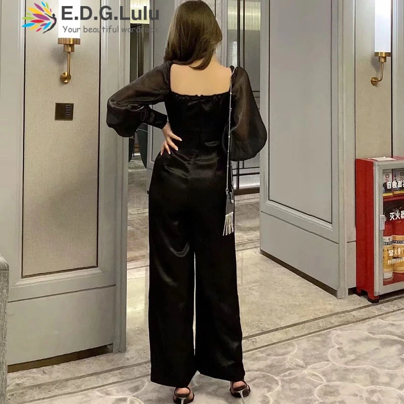 Женские комбинезоны EDGLuLu, комбинезон с длинным рукавом для женщин, элегантные черные длинные широкие штаны, элегантные вечерние комбинезоны