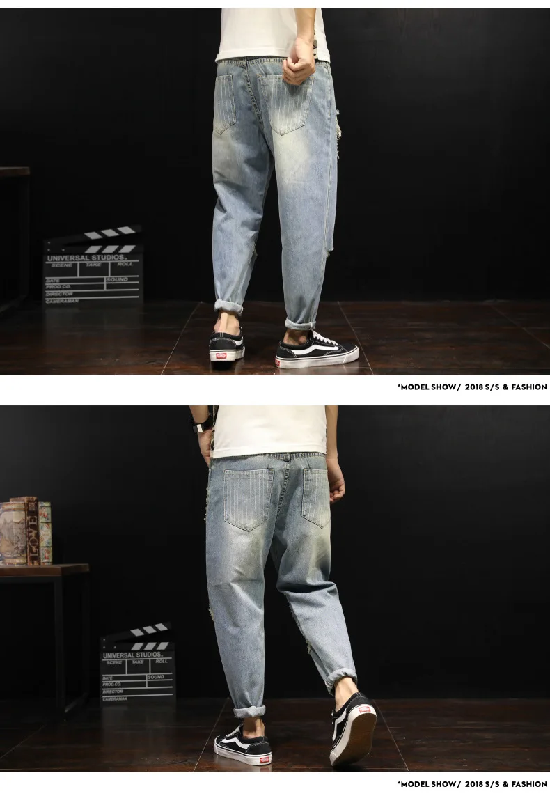 Модные Повседневное плюс Размеры Для мужчин джинсы сплошной свободное до щиколотки джинсовые брюки с разрывами, длиной до щиколотки, уличная одежда