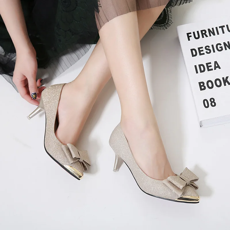 

Long-term Stock Europe And America Low-Cut Shimmering Powder Shoes Thin Heeled Pointed-Toe Bow Metal Head Kitten Heels