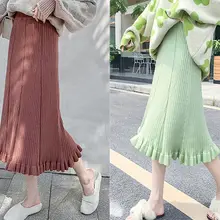 Осенне-зимние женские повседневные вязаные юбки корейские однотонные элегантные эластичные юбки с высокой талией деревянные плиссированные юбки