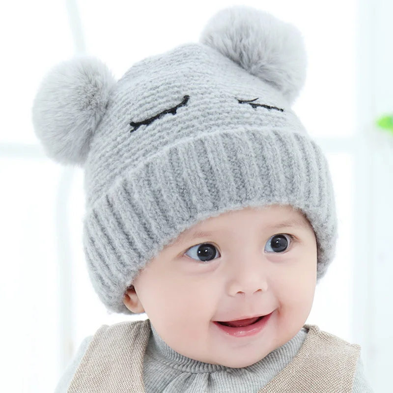 Warm Winter Baby Hats With Pompom Knitted Soft Toddler Hats For Newborns Photography Props Baby Cap For Boy Cute Infant Girl Cap - Цвет: Серый
