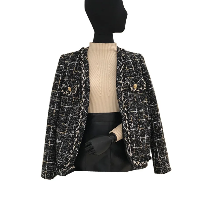 lower price  New Womens Black Tweed Jackets Plaid Coats Autumn Small Fragrance Long Sleeve Elegant Tassel Jacket