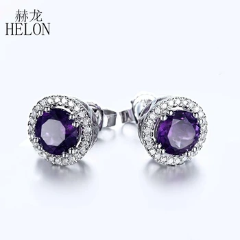 

HELON Solid 14K White Gold Round 1.6ct Natural Amethyst Halo Diamond Stud Earrings Engagement Wedding Party earrings for women