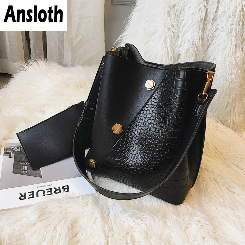 US $22.49 Ansloth Panelled Handbag Women Scrub Shoulder Bag Lady Rivet Crossbody Bag Crocodile Bucket Bag Female Handbag And Purse Hps770