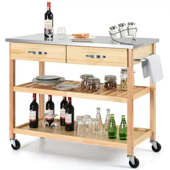 

Costway Rolling Kitchen Trolley Cart Stainless Steel Countertop w/ Storage Drawer&Shelf