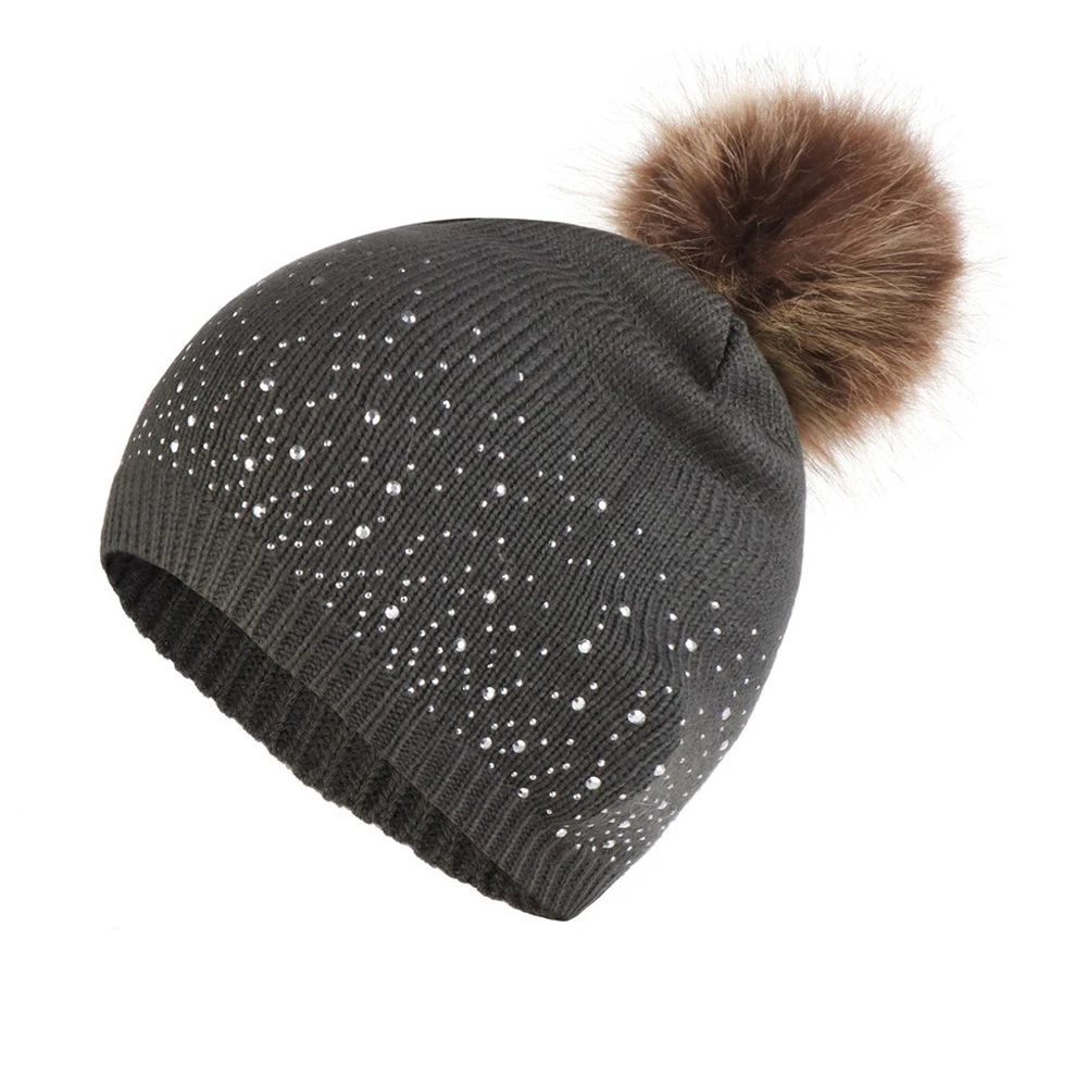 Женские мягкие подарки, модная ветрозащитная уличная осенне-зимняя повседневная теплая вязаная шапка со стразами, с шипами, плюшевый шар, эластичная - Цвет: Темно-серый