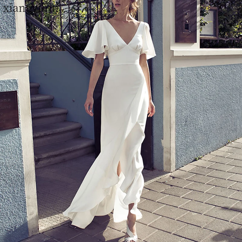 

Party White Satin Silk Dresses Bodycon V-neck Summer Short Sleeve Dress Ruffles Beach Boho Clothing 2019 High Fashion Vestidos