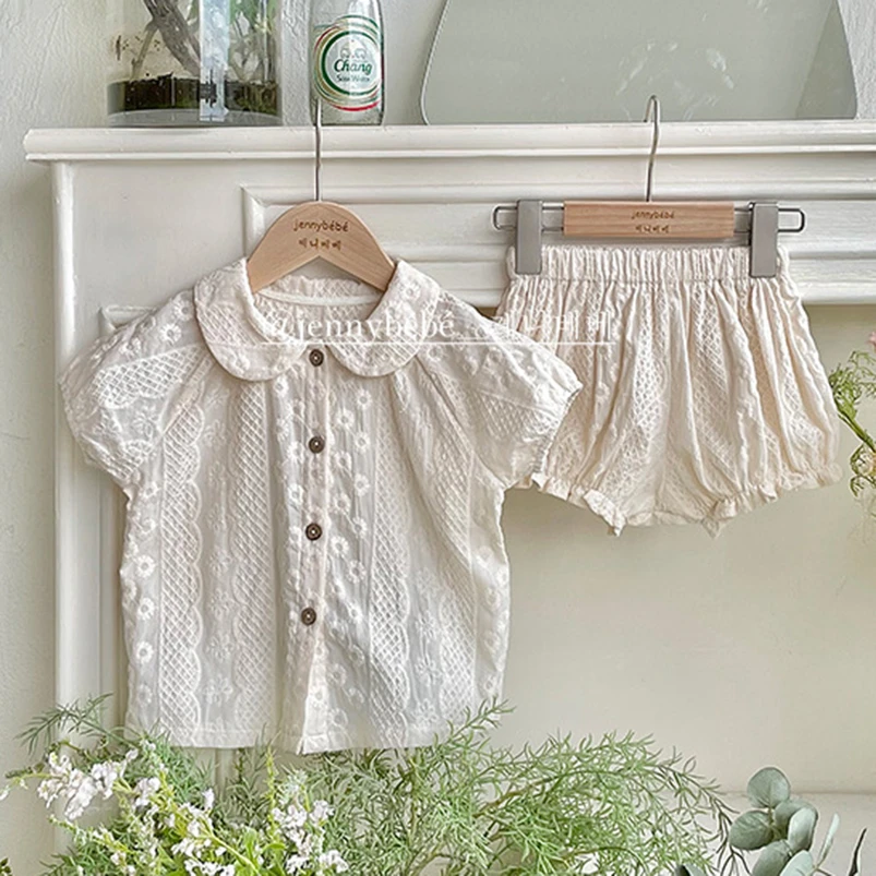 Vintage Linen Cotton Baby Set Summer Short Puff Sleeve Infant Kids Shirt+Pp Shorts Suit for Toddler Girls Children Clothing Set baby clothing set long sleeve	