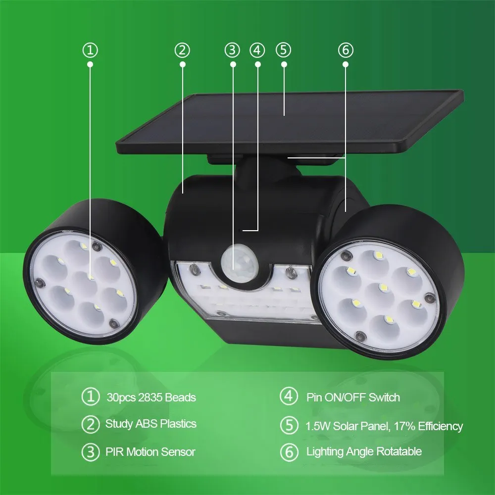 30 шт. яркий светодиодный солнечный датчик движения с питанием от энергии с вращающейся солнечной панелью и световыми головками для наружной защиты лампы