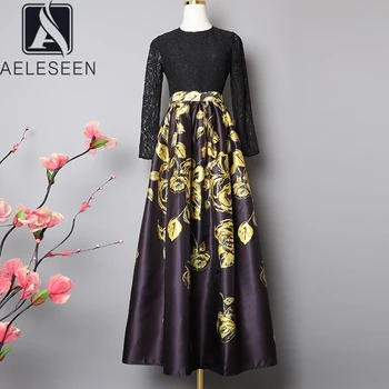

AELESEEN Fashion Runway Autumn Dress Women's Long Sleeve Lace Patchwork Floral Print Slim Holiday Ruched Ball Gown Midi Dress