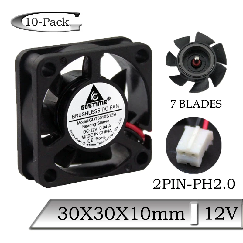 

10Pcs/Lot Gdstime 12V 30x30x10mm 30mm Brushless 7 Blades DC Axial Mini Heatsink Cooling Fan 30mmx10mm 3cm 3D Printer Cooler Fan