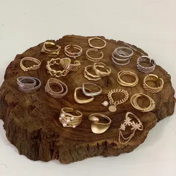 

HUANZHI Matte Personality Minimalist Geometric Irregular Multilayer Knotted Imitation Pearls Star Tassel Finger Rings for Women