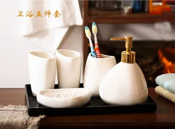 

Simple European style White Ceramic Bathroom Accessories Set 5pcs/set Bathroom Kit Soap Dispenser Golden pressing head Lotion Bo