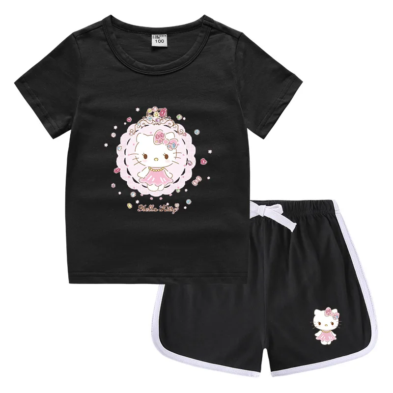 thumbnail image 1 of Hello Kitty-ropa para niños y niñas, Camiseta estampada bonita + Pantalones cortos, sudadera de cuello redondo de algodón puro, traje de camisa Base informal, 1 of 5