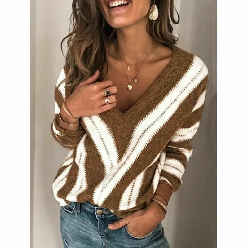 Women Autumn V Neck Long Sleeve Sweater Loose Knit Pullover Sexy Jumper Tops