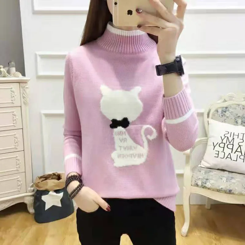 

2019 Autumn Knitted Female Warm Turtle neck Pullover Sweaters Girls Long Sleeve Teenage Pull Jumper Fashion Cute Cat Chic Tops