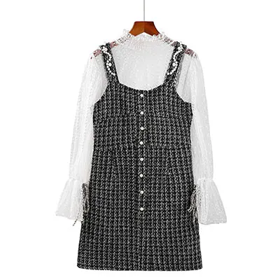 Two Pieces Set Mesh Tops Spaghetti Strap Dress Sexy Lantern Sleeve Mini Vest Dresses Ladies Fashion Elegant Party Dress New - Цвет: Черный
