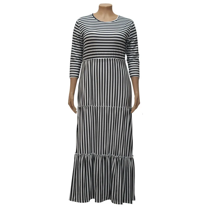 Платье макси размера плюс 4XL, осеннее, Полосатое, с принтом, Vestidos, с оборками, из кусков, с круглым вырезом, с рукавом три четверти, длинные платья, женское платье