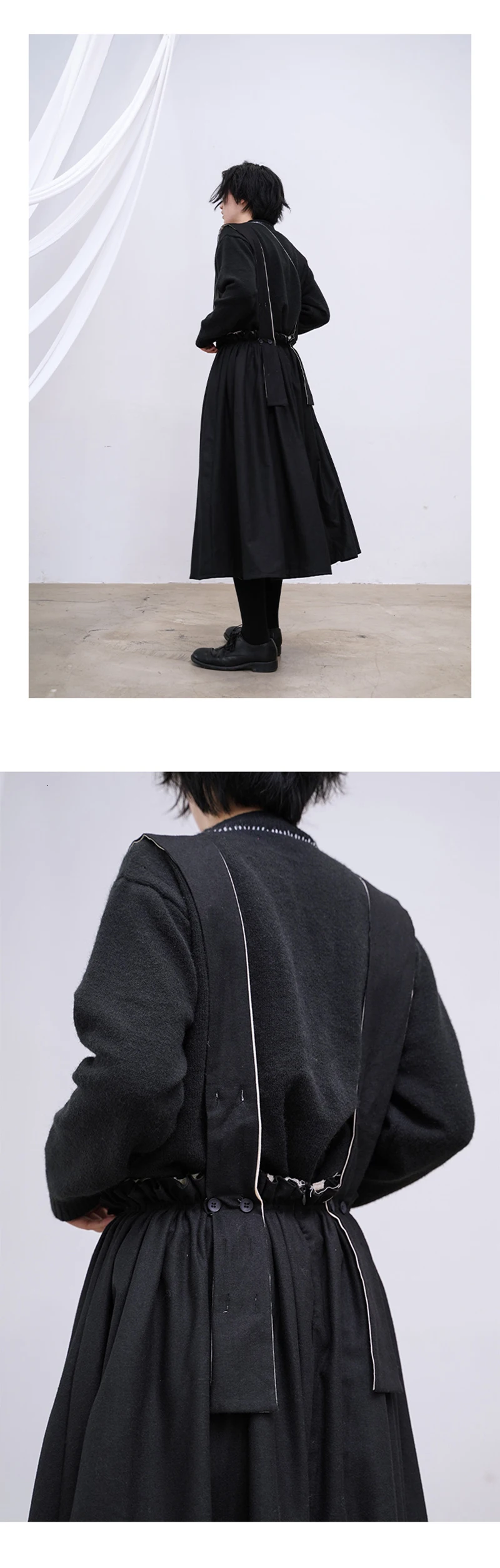 [EAM] высокая эластичная талия, черная Двухслойная юбка с оборками, женская мода, новинка, весна-осень, 1M746