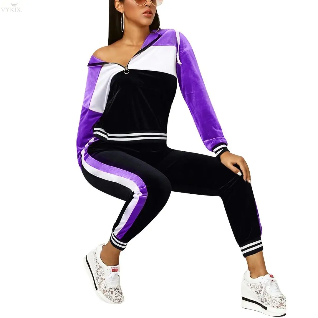 

Women Set Full Sleeve Hooded Velvet Suit Two Piece Set Top And Pants Patchwork Casual Fashion Fitness Tracksuit Women Outfits