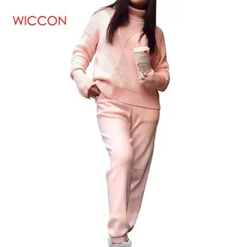 

2020 Spring Knitted Tracksuit Turtleneck Sweatshirts Casual Suit Women Clothing 2 Piece Set Knit Pant Sporting Suit Female