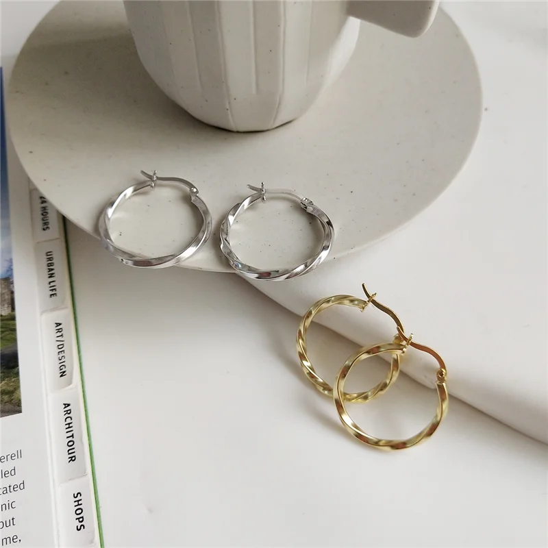 WANTME Genuine 925 Sterling Silver Minimalist Round Twist Stud Earrings for Women Punk Hip-hop Fashion Jewelry Accessories Gift