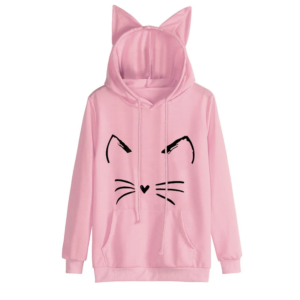  Hoodie Womens Cat Ear Solid Color Long Sleeve Hoodie Sweatshirt Hooded Pullover Blouse Casual Tops 