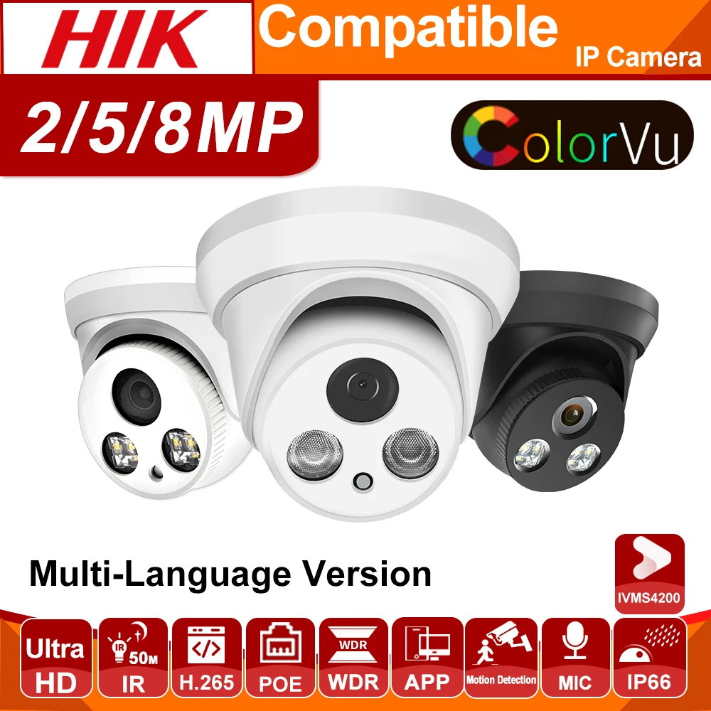 Купольная IP-камера видеонаблюдения Hikvision совместимая с POE 8 Мп 5 HD ИК 30 м H.265 P2P Plug &amp