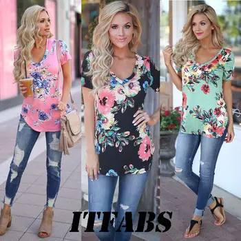 

Women Summer Short Sleeve Floral Shirt Blouse Tops Loose T Shirt Casual Tee TOPS