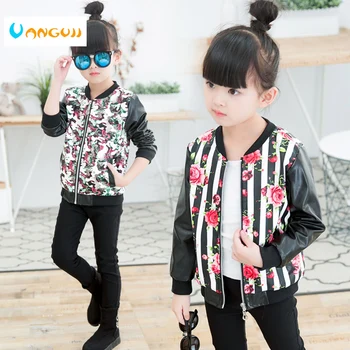 

girls leather coat children's fashion pu jacket 3-9 years old girl round neck print flowers camouflage artificial kids outwear