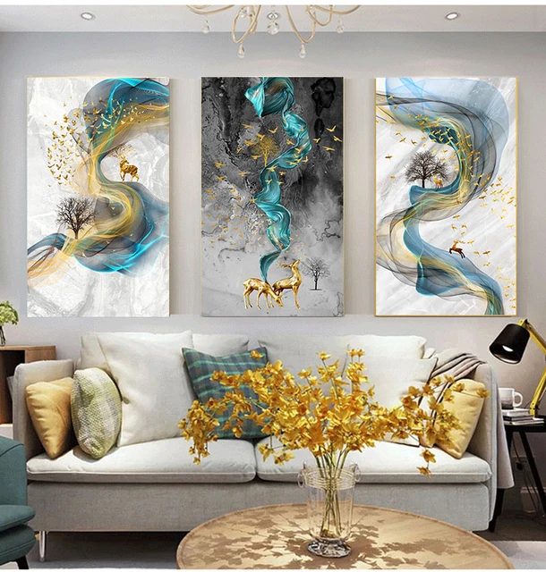 Cuadro de Cuadros modernos para sala de estar, lienzo de arte abstracto,  pintura de ciervo dorado, Cuadros de gran tamaño, impresión azul, arte de  pared dorado - AliExpress