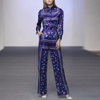 

HIGH QUALITY 2020 Newest Designer Runway Women's Navy Blue Floral Printed Blouse and Wide Leg Pants Suit Set