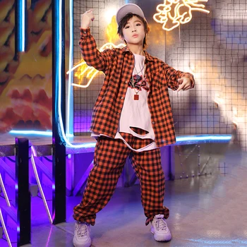 

Jazz Costumes Boys Orange Plaid Shirt Pants Girls Street Dance Clothing Hip Hop Outfit Children Modern Stage Show Wear DNV12602