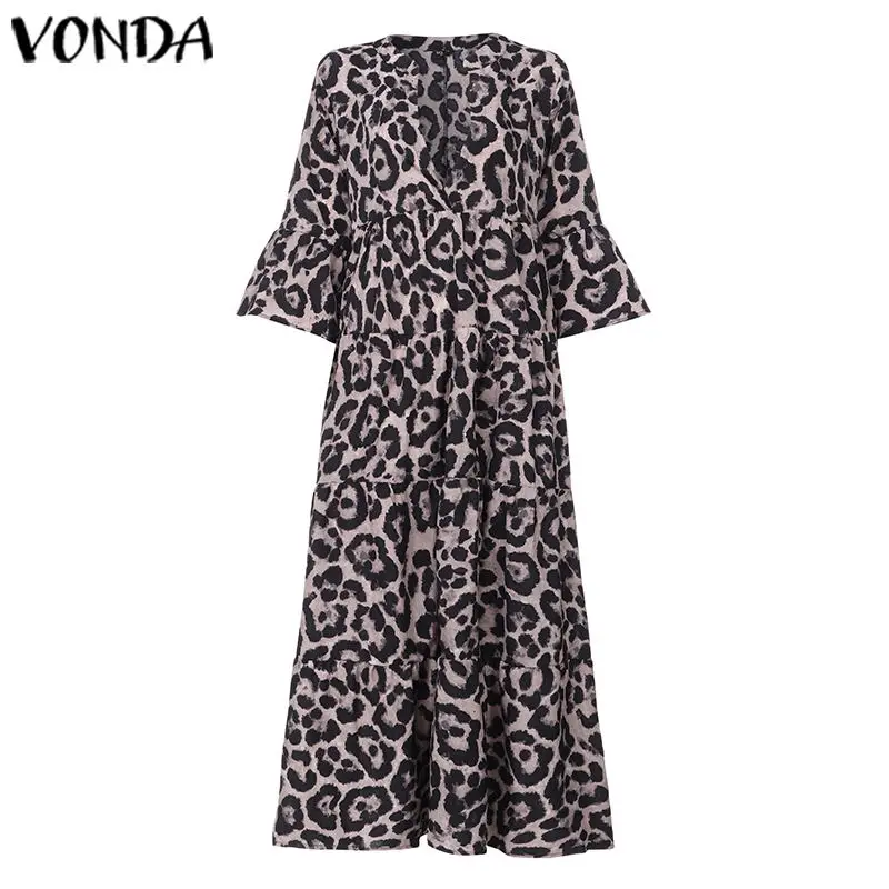 Платье с оборками VONDA, женское осеннее платье, сексуальное, 3/4 рукав, леопардовое Платье макси с принтом, Beohemian, сарафан, повседневные свободные вечерние платья - Цвет: Grey
