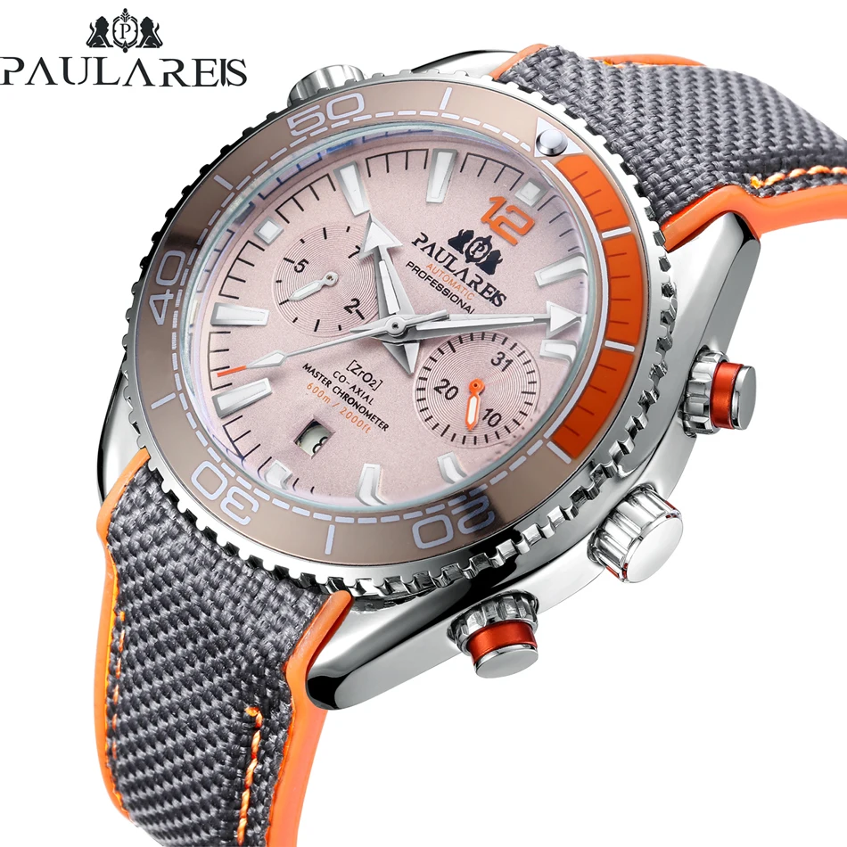 Men Automatic Self Wind Mechanical Canvas Rubber Strap Orange Blue Red Multifunction Date Month Watch afbeelding