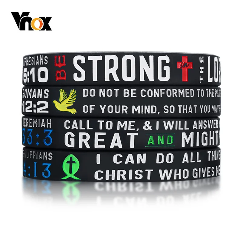Vnox 4Pcs/Set Men's Rubber Bracelet with "Power of Faith" Bible Verse Wristbands Christian Religious Prayer Jewelry Gifts