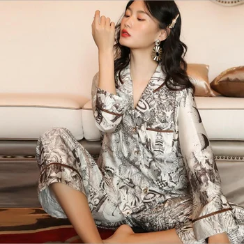 

Spring Winter Women Full Sleeves Spandex Silk Satin Sleepwear Fashion Turn-Down Collar Printed Home Wear Loose Button Pajamas