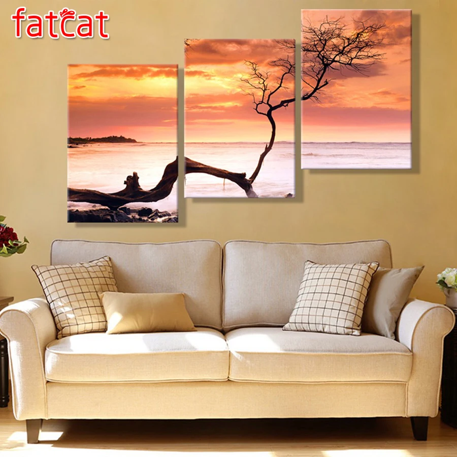 triptych diy 5d diamond painting red tree 3 pieces full square diamond mosaic embroidery sunset landscape rhinestone decoration