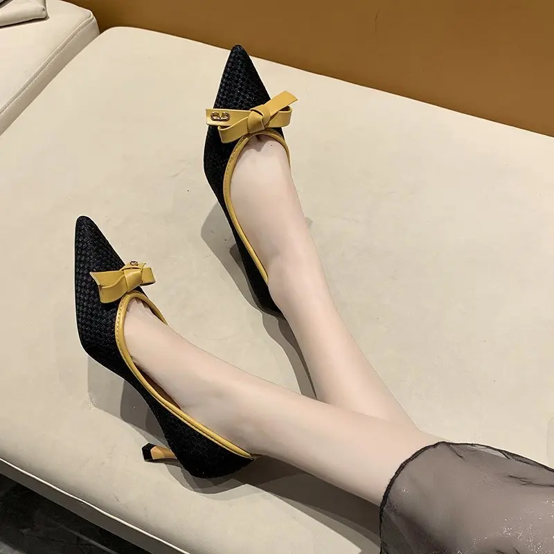

2020 spring and summer new bow-knot shallow mouth pointed toe shoes all-match stiletto high-heeled shoes female X440