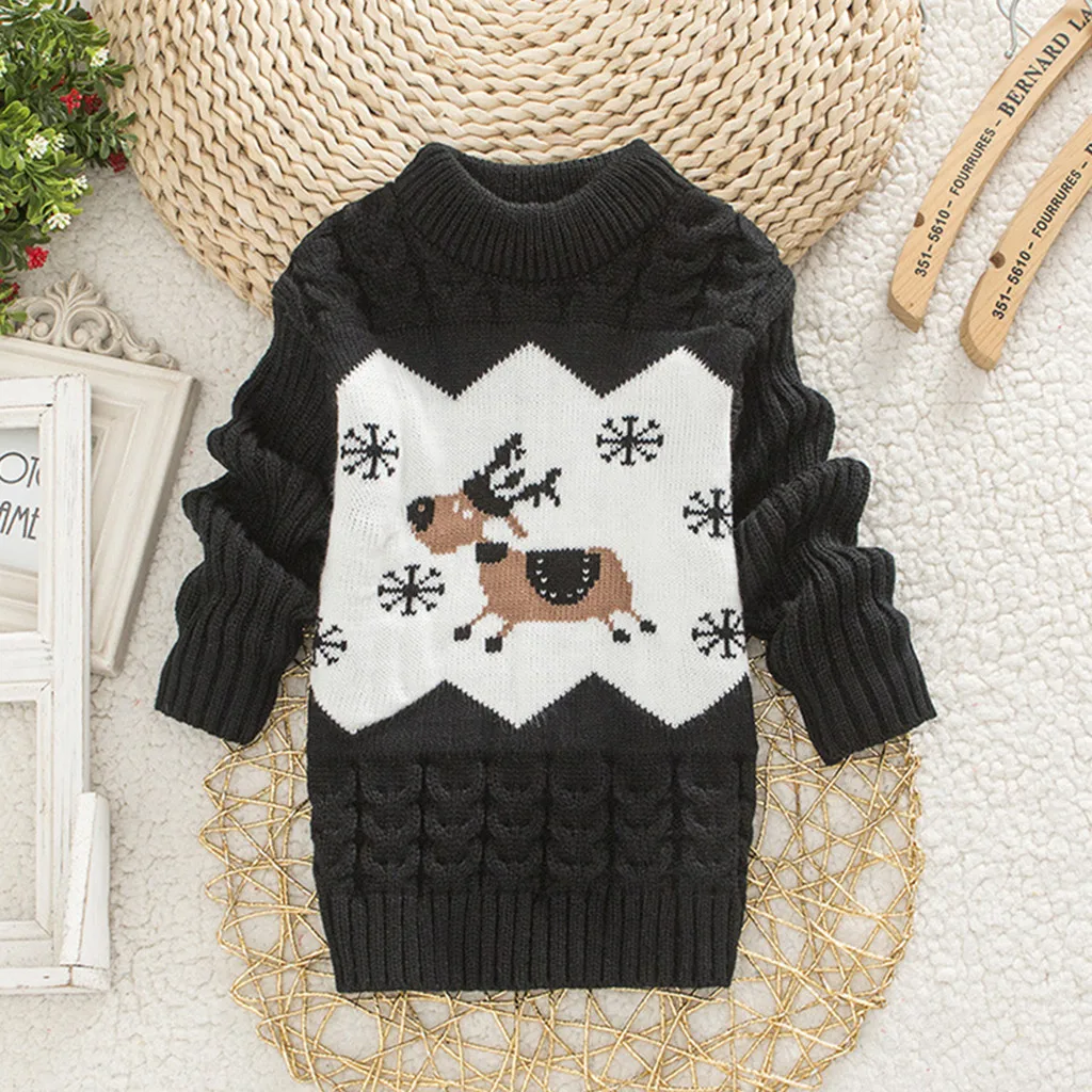 Toddler Baby Girls Christmas Deer Print Winter Warm Sweater Infant Kids Girl Knit Crochet Tops Girl Long Sleeve Fashion Sweater