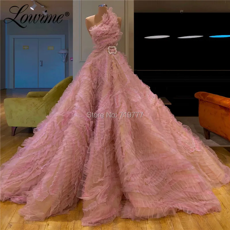 

Luxury Crystal One Shoulder Evening Dress Pink A Line Long Prom Dresses Turkish Islamic Dubai Wedding Party Gowns Abendkleider