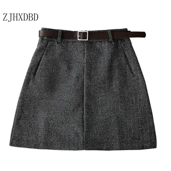 

2020 Women Sashes Chic Skirt Autumn Winter Harajuku Solid High Waist Casual A-line Skirt Females Fashion Pocket Belt Mini Skirts