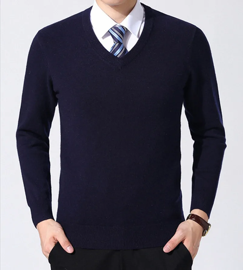 DEWBEST Sweater Men Clothes Autumn Winter Cashmere Wool Pullover Sweaters Plus Size Business Casual V-Neck - Цвет: Тёмно-синий
